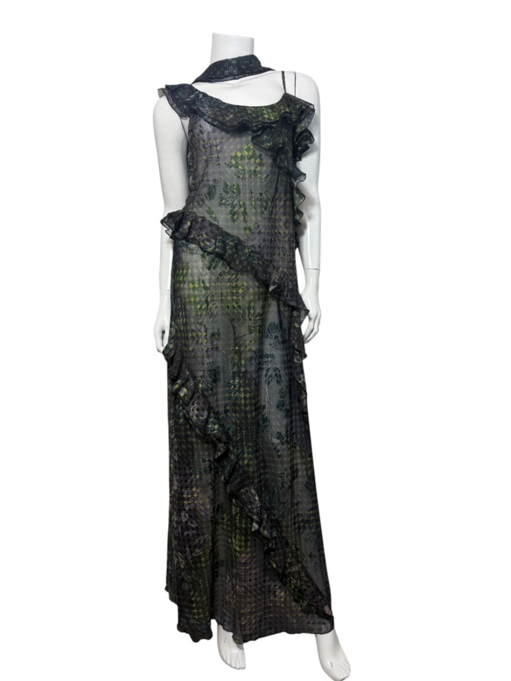 SIEDRÉS Monica Green Devoré Burnout Checkerboard Floral Scarf Maxi Dress EU 40 N